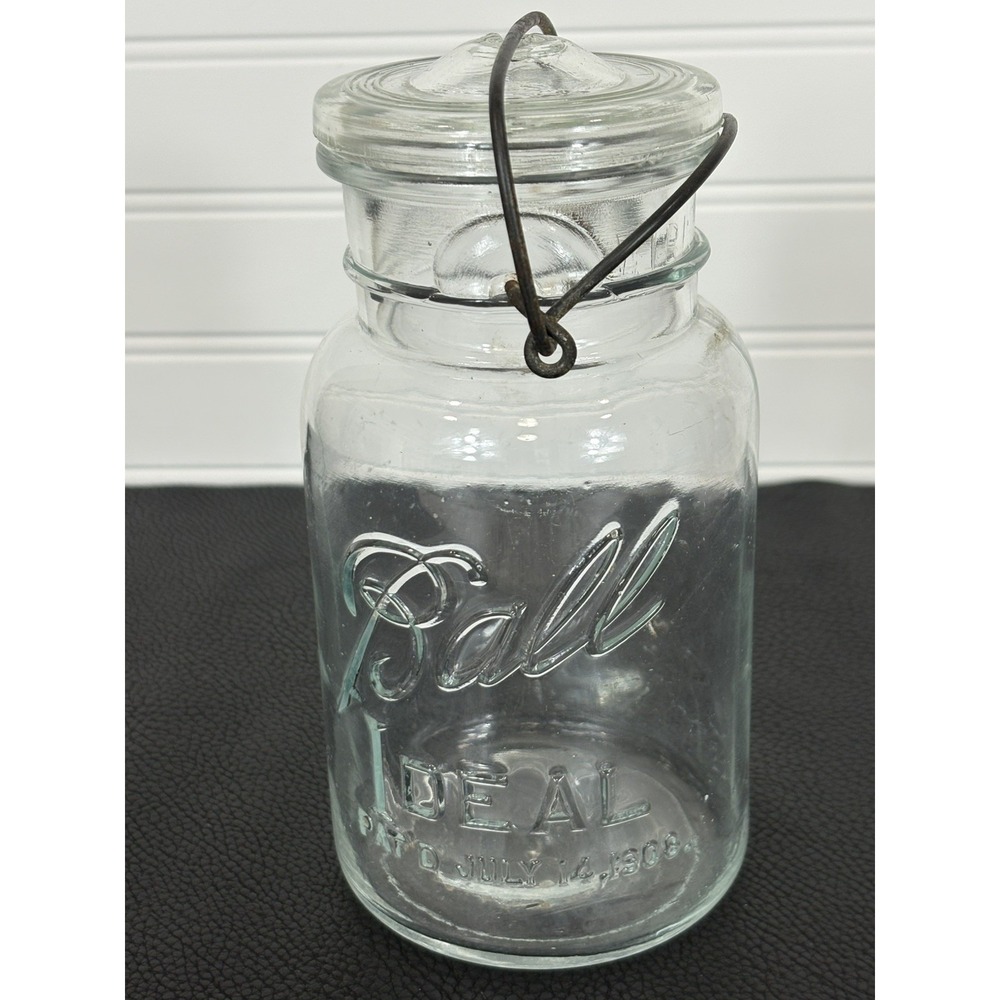 Antique Vtg Glass Ball Ideal Canning Mason Jar Clear Wire Bale Lid 1908 Quart #3